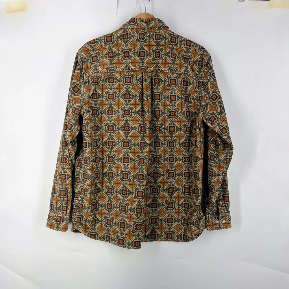 Urban Outfitters‎ Mens Corduroy Geometric Medallion Print Shirt Brown Tan Large